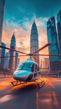 Modern helicopter landed near petronas twin towers in kuala lumpur, malaysia, during a beautiful sunset