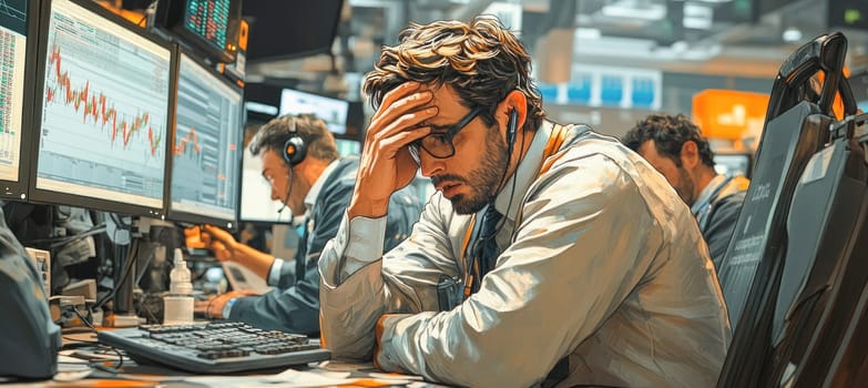 Stressed stock trader holding his head while following stock market charts