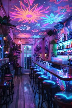 A vibrant drinking establishment with a neonlit ceiling and stools in shades of purple, magenta, and electric blue. Perfect for events and music venues