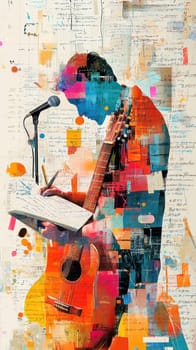 Male musician composing new song, writing music notes and lyrics in notebook with guitar and microphone in a colorful collage