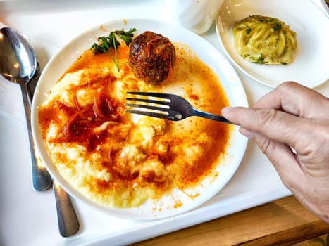 A hand holds a fork, ready to enjoy mashed potatoes and a meatball covered in sauce, with a side of dumplings.