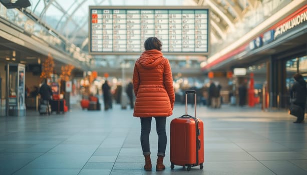 Woman looking at timetable display in station hall while planning her travel