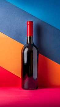 A glass bottle of red wine with a vibrant red cap stands out against a colorful background, showcasing the rich hues of the alcoholic beverage inside