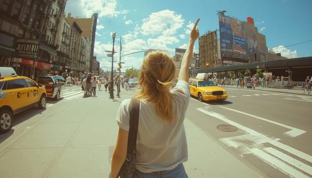 Tourist hailing a yellow taxi cab in new york city
