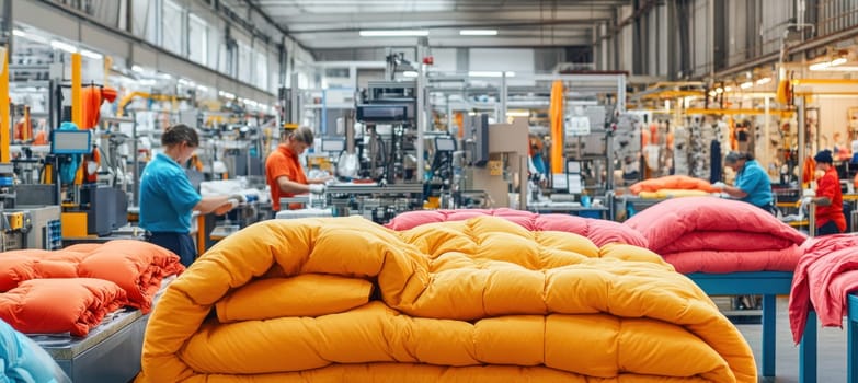 Orange and pink duvets and pillows stacked on tables in a textile factory with employees working