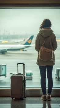Tourist is looking at the planes taking off from the airport terminal window, ready to board