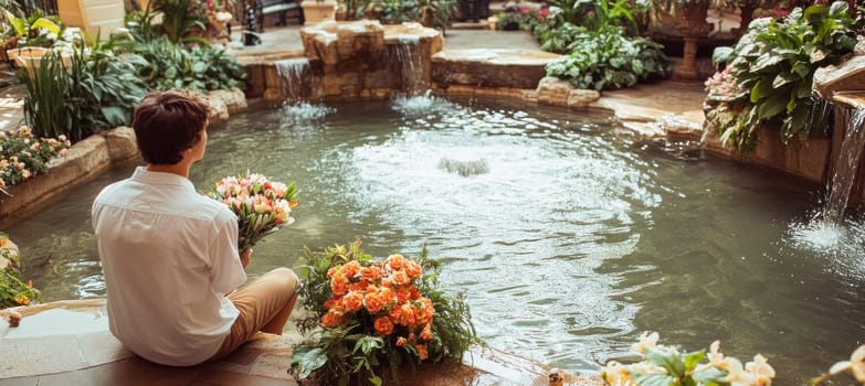 Florist preparing bouquets of tulips and roses near a pond with a waterfall in a botanical garden