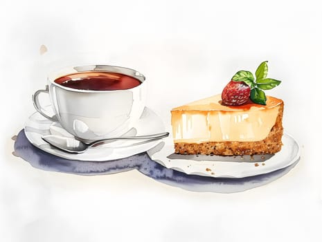 A serving of coffee in a cup paired with a slice of cheesecake on a plate, a delightful combination of a drink and dessert on serveware