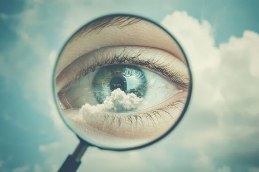 A mesmerizing image of a human eye magnified through a lens, reflecting clouds and the sky, symbolizing clarity and deep insight in a dreamlike atmosphere.