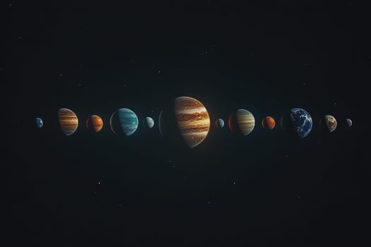 Solar system with nine planets aligned in curve against dark space.