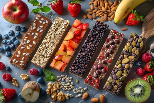 A variety of granola bars made with fruit and nuts are displayed on a table. These natural foods are a great source of whole food ingredients and superfoods
