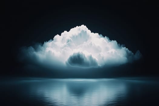 A stunning glowing nebulous cloud hovers above calm water, creating a surreal and tranquil atmosphere. The soft light and reflection enhance the ethereal ambiance.