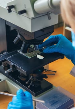 Examine in the laboratory under a microscope. Selective focus. medicine.