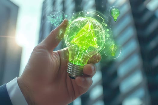 A businessman holds a glowing green light bulb, symbolizing innovation and sustainability. The background features modern urban buildings, representing growth and progress.