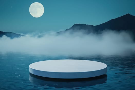 A serene floating white platform gently rests above calm moonlit waters, surrounded by mist and distant mountains, creating a tranquil and atmospheric scene.