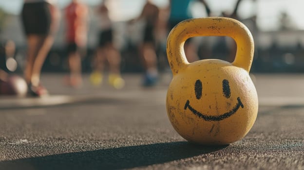 A closeup of a cheerful yellow kettlebell with a smiley face, set against an energetic fitness environment, capturing the essence of joy in exercise and training.