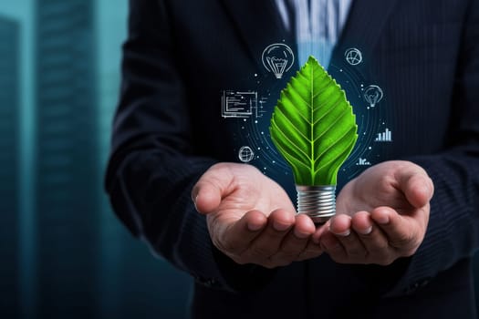 A professional in a modern suit holds a light bulb with green leaves, symbolizing innovation and sustainability in a business environment.