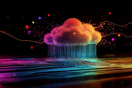 This abstract image features a vibrant cloud representation, showcasing colorful flowing particles that symbolize data in a dynamic and artistic manner.