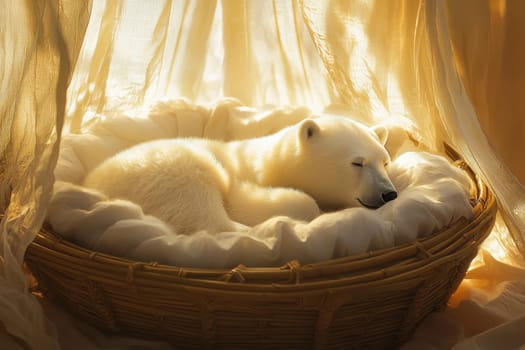 A delightful polar bear cub curled up snugly in a round bamboo basket, basking in warm light. Perfect for showcasing peace and comfort in nature.