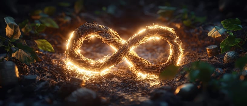 This captivating image features a glowing infinity symbol crafted from intertwined roots, symbolizing connection and eternity amidst a lush natural backdrop.