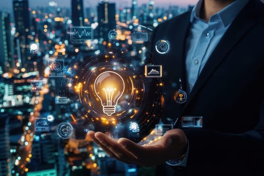 A businessman stands in a vibrant cityscape at night, holding a glowing light symbolizing innovative ideas and digital technology.