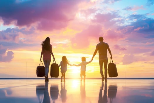 Happy family walking towards sunset, ready for vacation adventure.