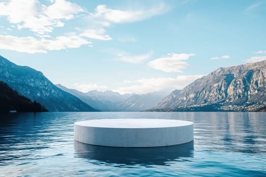 A tranquil artistic scene featuring a circular platform in serene waters, surrounded by majestic mountains and a clear blue sky, evoking peace and harmony.