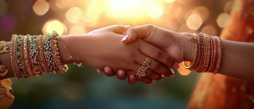 This close-up image captures two elegantly clasped hands adorned with vibrant jewelry, symbolizing friendship and unity in a celebration of culture and beauty.