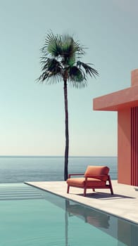 A serene poolside area with a palm tree and ocean view, calming and minimalistic.