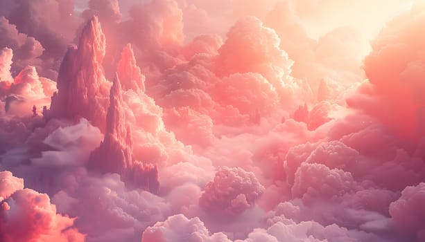 An atmospheric painting depicting a cloudy sky with mountains in the background, capturing the afterglow of a red sky at morning. The natural landscape is enhanced by the cumulus clouds in the sky