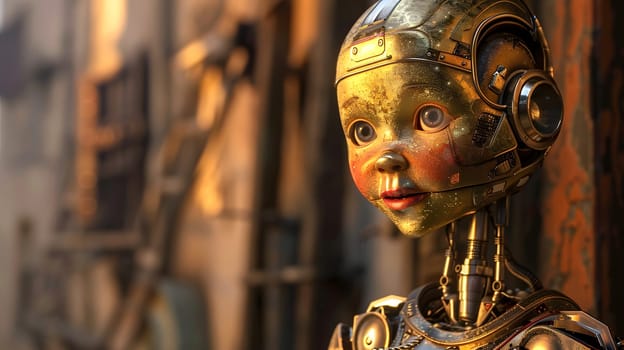 Steampunk robot with human features, metallic face, and riveted joints