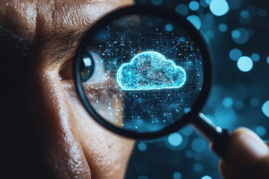 A striking double exposure image of a human eye magnifying cloud data visualization, symbolizing technology and insight into the digital world.
