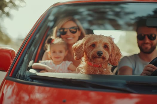 happy family drives in red car with their dog, enjoying weekend.