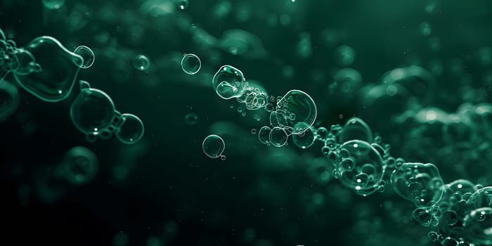 Abstract image of transparent bubbles floating in serene green underwater background