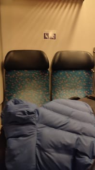 October 21 2024 Lazne Belohrad Czech Republic Europe, travel train, carriage, seats, tourist , station, transport. High quality photo