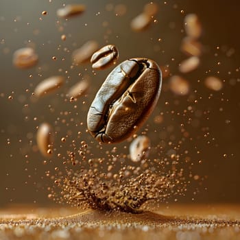 A brown coffee bean drops into a pile of coffee beans, creating a fluid movement captured in macro photography, resembling a terrestrial animal diving into water