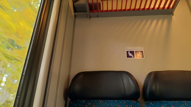 October 21 2024 Lazne Belohrad Czech Republic Europe, travel train, carriage, seats, tourist , station, transport. High quality photo