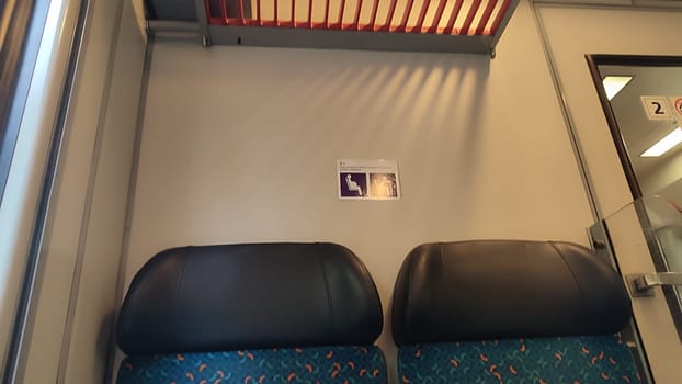 October 21 2024 Lazne Belohrad Czech Republic Europe, travel train, carriage, seats, tourist , station, transport. High quality photo