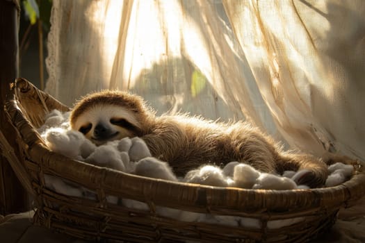A fluffy sloth peacefully dozing in a cozy basket, basked in gentle sunlight. This intimate moment captures the essence of tranquility and warmth in nature.