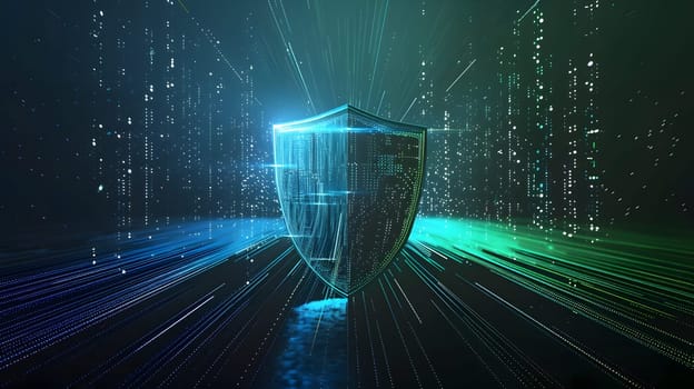 Glowing shield icon, digital security, matrix background, cyber defense concept