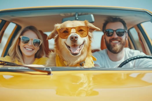 Happy family driving with dog in sunny car adventure.