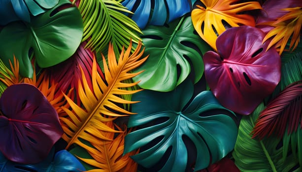 This close-up photo captures a breathtaking scene of a variety of differently hued leaves. The vibrant colors come together in a creative and imaginative display, evoking the beauty and harmony of nature.