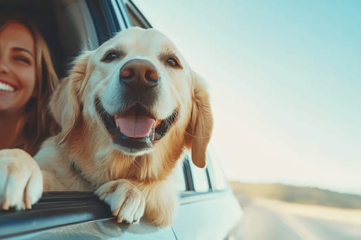 Happy dog enjoying car ride with smiling woman on sunny day.