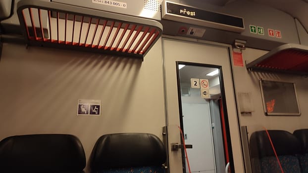 October 21 2024 Lazne Belohrad Czech Republic Europe, travel train, carriage, seats, tourist , station, transport. High quality photo