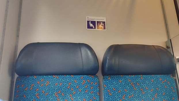 October 21 2024 Lazne Belohrad Czech Republic Europe, travel train, carriage, seats, tourist , station, transport. High quality photo