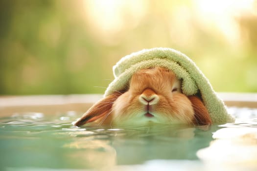 Charming and humorous shot of small rabbit relaxing in water.
