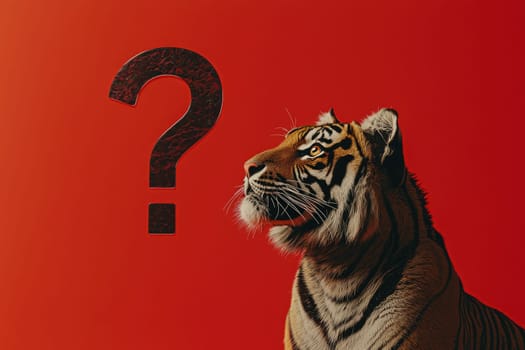 Surreal tiger portrait with question mark on red background.