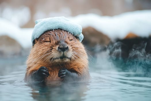 cute beaver wearing towel, relaxing in warm water, exuding joy.