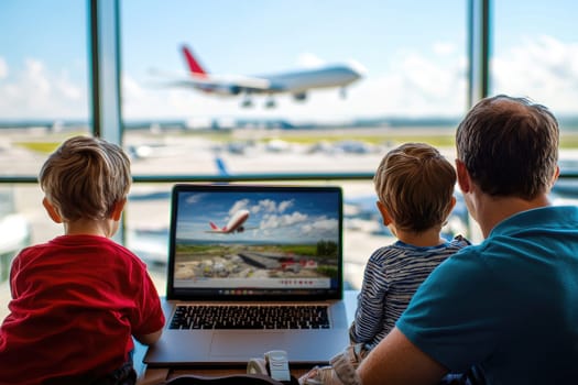 Family watching planes at airport, enjoying travel planning together.
