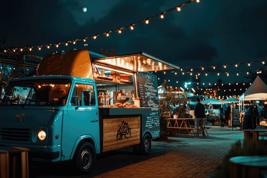 Food truck festival at night with cozy lighting and lively atmosphere.